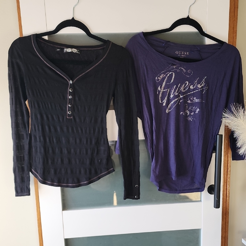 Guess Women's Black Buttoned Top and Blue Graphic Tee